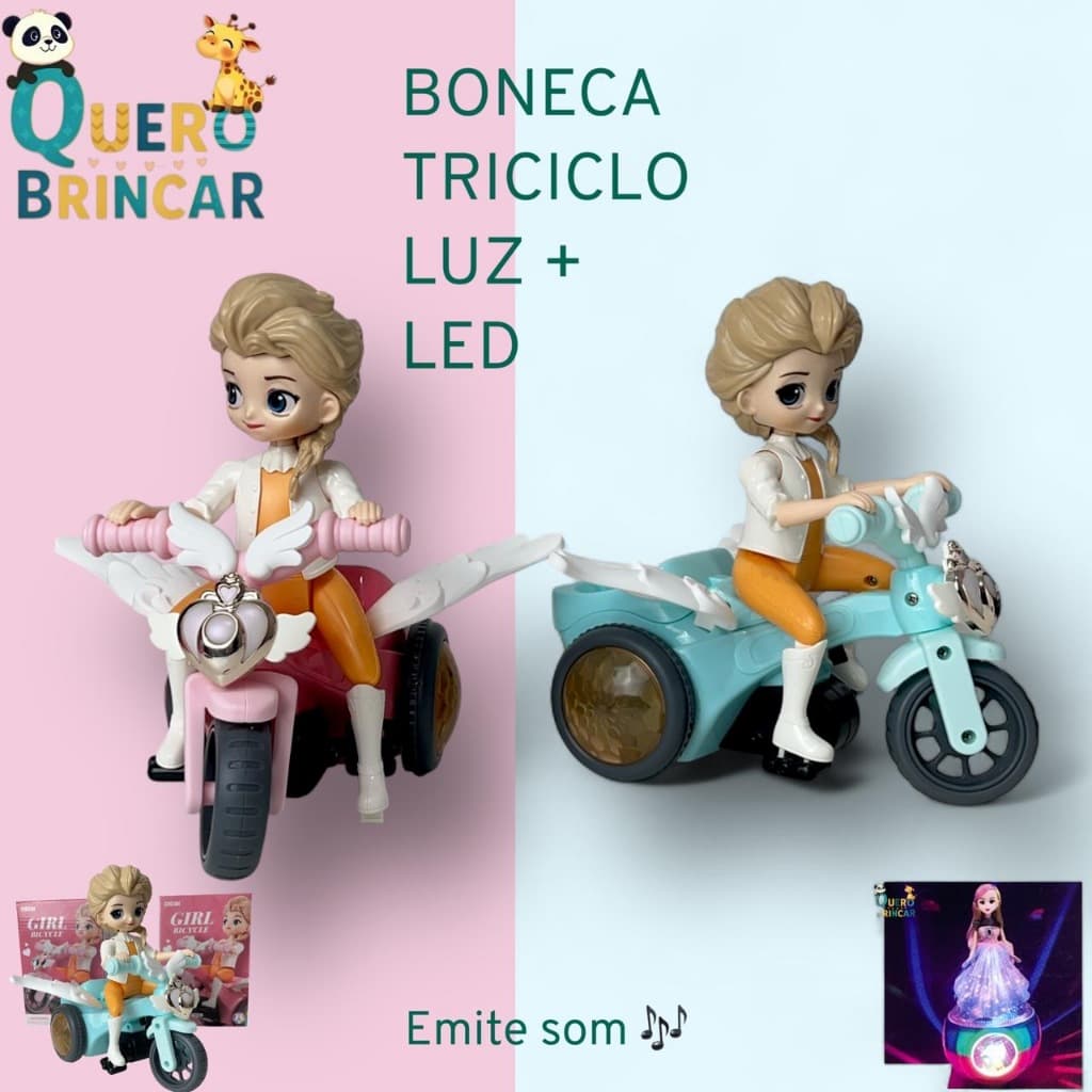 Boneca Com Asas no Triciclo - Brinquedo com Luz e Som, Seguro para Crianças, Brincadeira Divertida