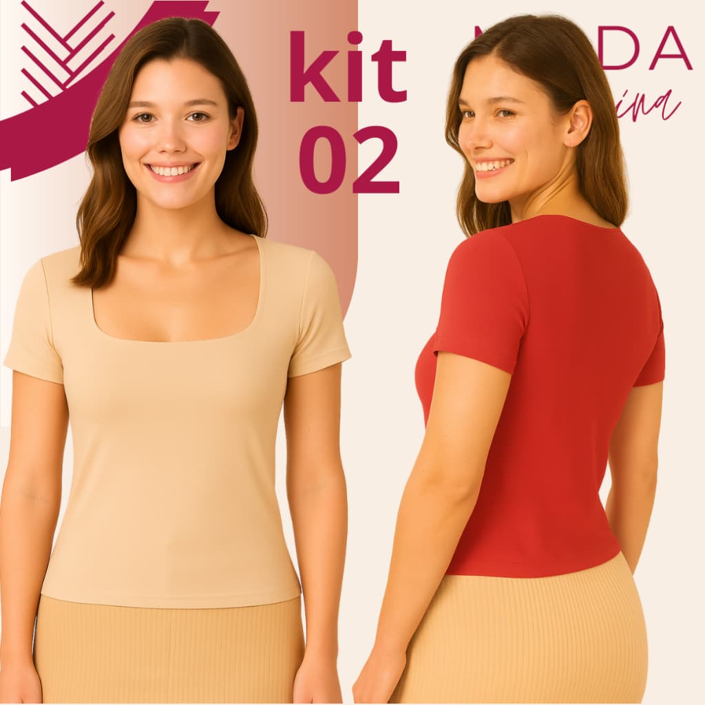 Kit 02 Blusas Baby Look Feminina Básica Com Decote Quadrado Com Manga Curta Moda Casual Versátil Blogueira