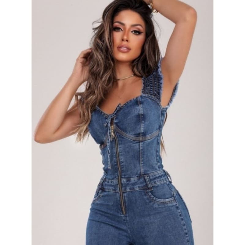 Macacão Longo Jeans Feminina com Lycra Manga Curta Blogueira Verão Lançamento