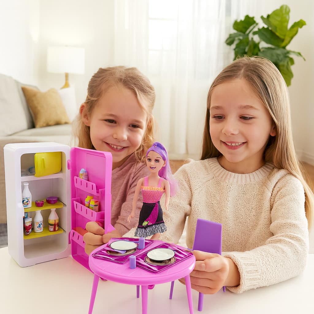 Conjunto Cozinha Infantil Geladeira com Boneca Brinquedo Menina Mini Acessórios Casinha Diversão