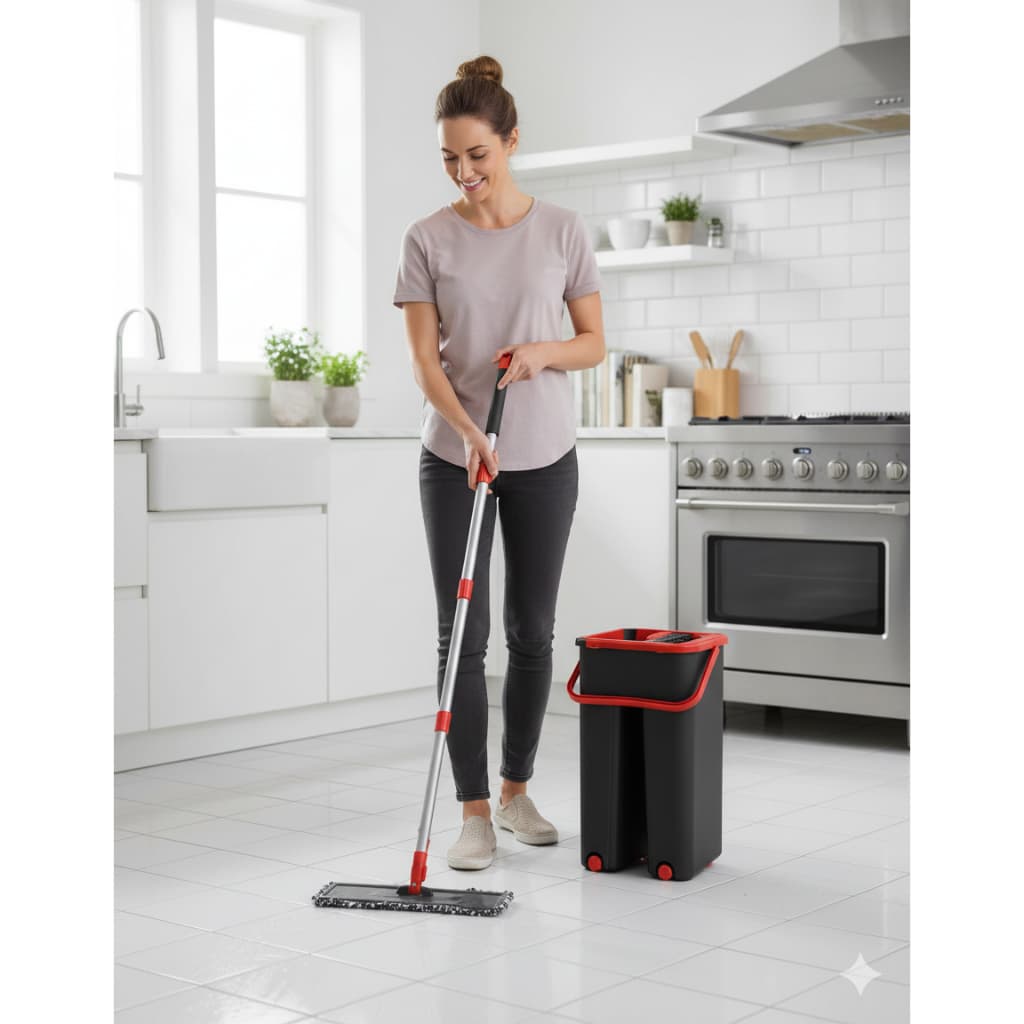Mop Lava e Seca com Balde 5L Flat Mop Rodo Mágico Inox Com Refil Microfibra Lavável Multiuso