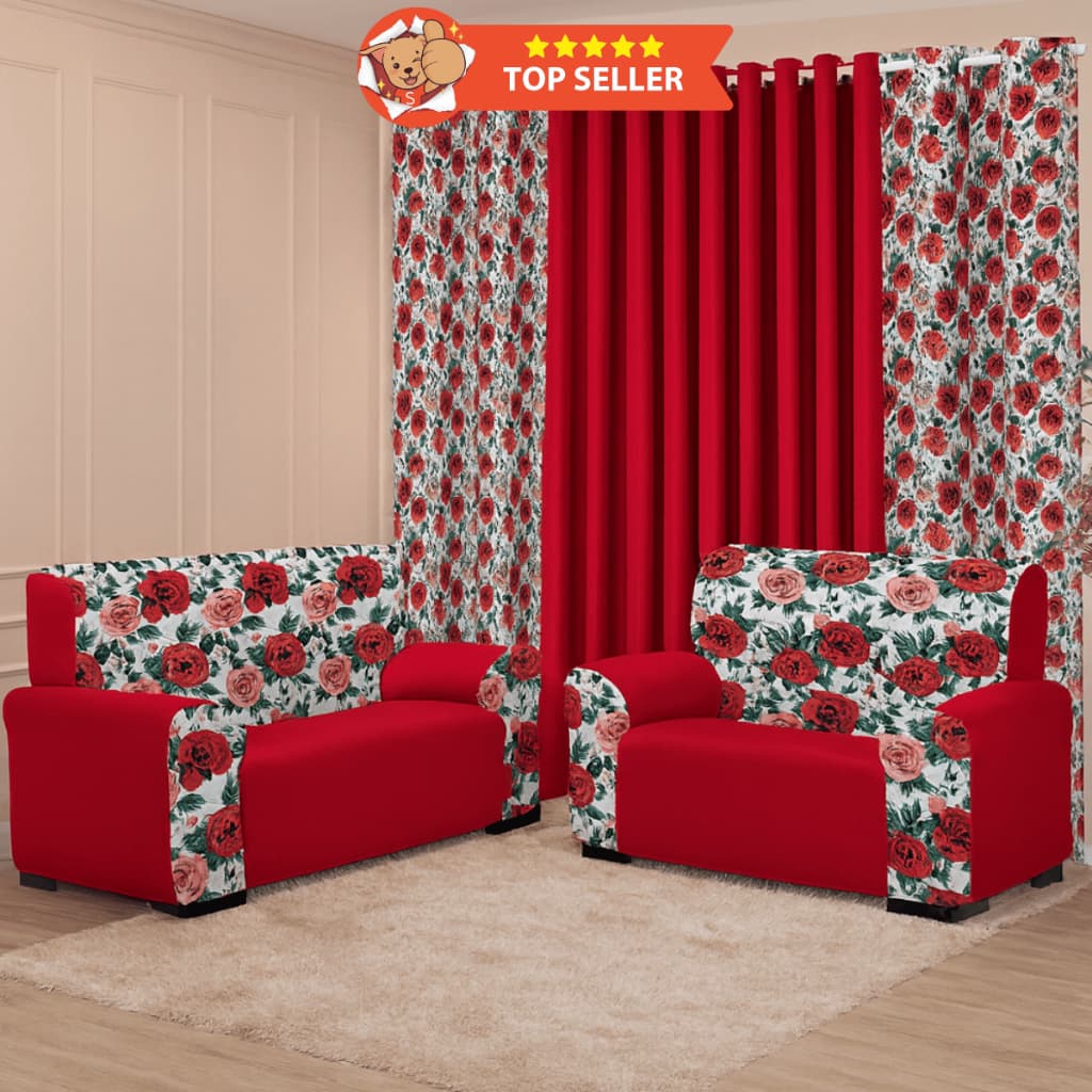 Kit Sala Floral Misto Cortina Florata 3M + Capa p/ Sofá 2 e 3 Lugares - Sala Decoração Estilo