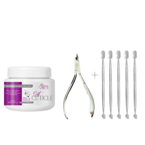 Kit 5 Espátulas Duplas Empurrador + Alicate Slim + Amolecedor de Cutícula Slim Profissional Manicure e Pedicuro Slim