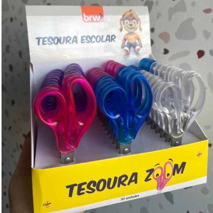 Tesoura Escolar Zoom BRW TE1304 Rosa Azul Roxa e  Branco Transparente Infantil