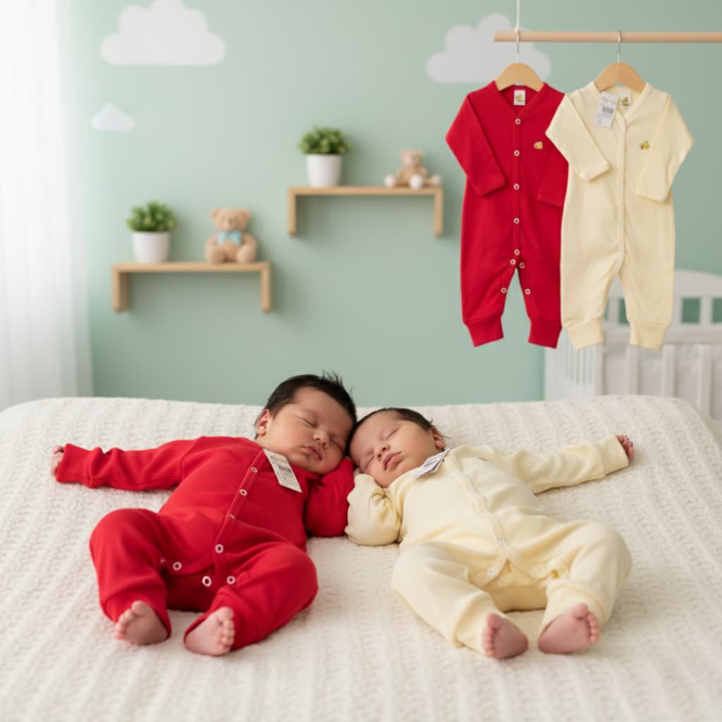 Macacão Manga Longa Liso Amarelo ou Vermelho Variado Malha Canelada  -  Baby Duck Comfort - 100% Algodão
