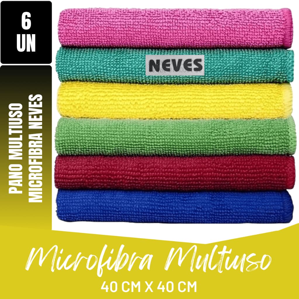 Kit C/ 6 - Pano De Microfibra 40 X 40cm - Neves - Pia - Multiuso - Limpeza Geral - Cores Sortidas
