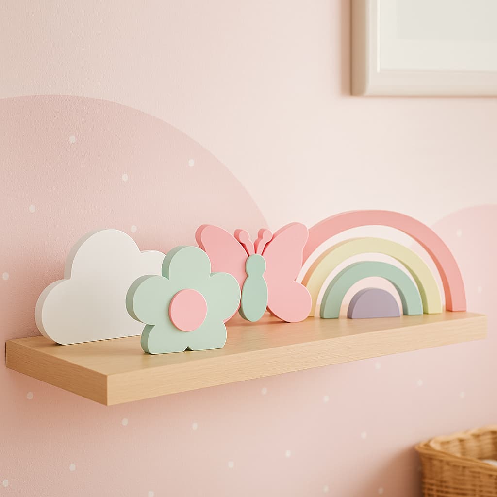 Kit Enfeites Mesa Decorativos MDF Arco-Íris Coração Sol Flor Borboleta Nuvem Prateleira Quarto Bebê Infantil