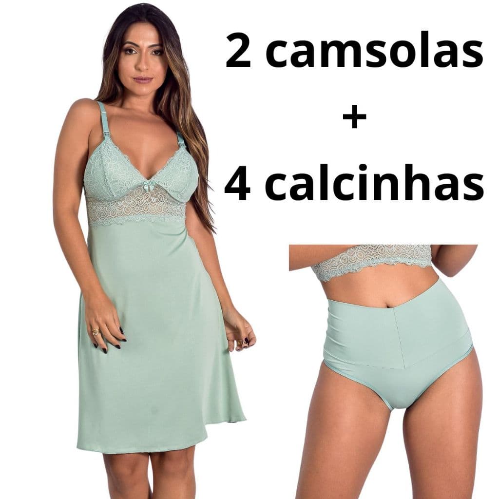 Kit maternidade luxo com 4 calcinhas + 2 camisolas de amamentar com click abre fácil