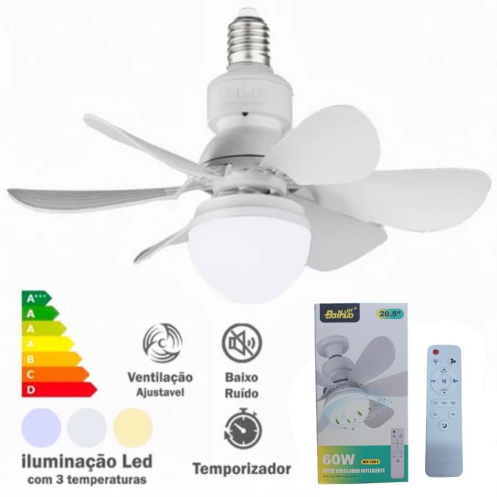Ventilador Teto Lâmpada Com Controle Remoto 60w