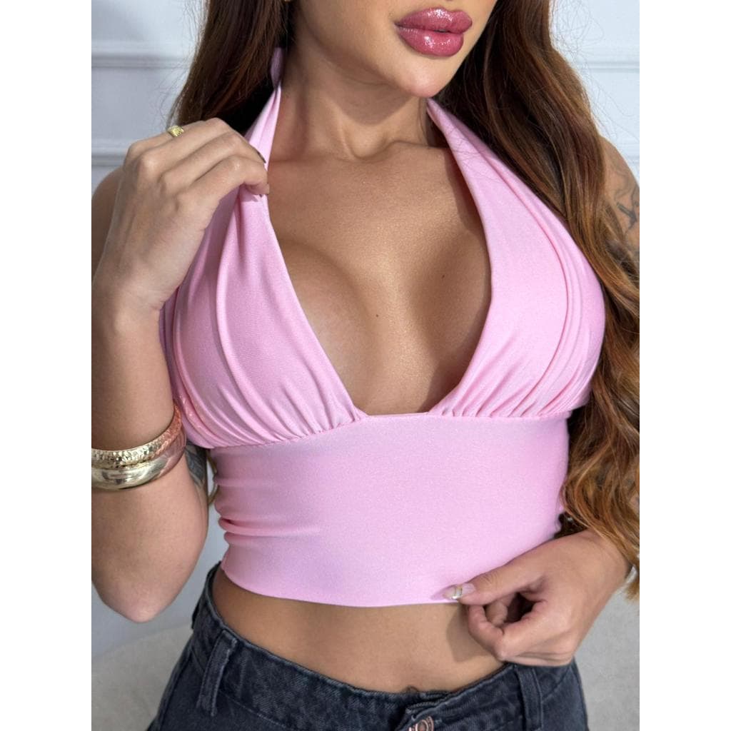 Cropped Feminino Frente Única Decote em V Estilo Blogueira Tendência Festa Balada
