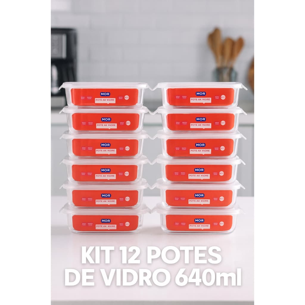 Kit 12 Potes de Vidro Hermético Retangular 640ml Marmita Fit Micro-ondas Forno Freezer Mantimentos