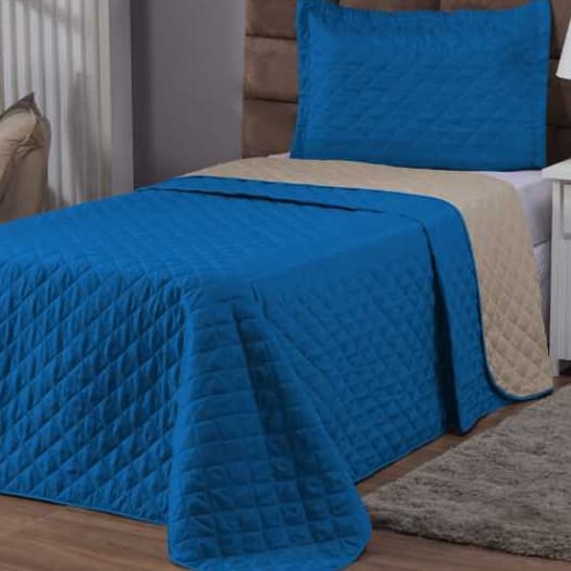 Kit Cobre Leito Realeza Cama Solteiro Colcha Dupla Face 02 Peças Promoção ! Azul Com Palha