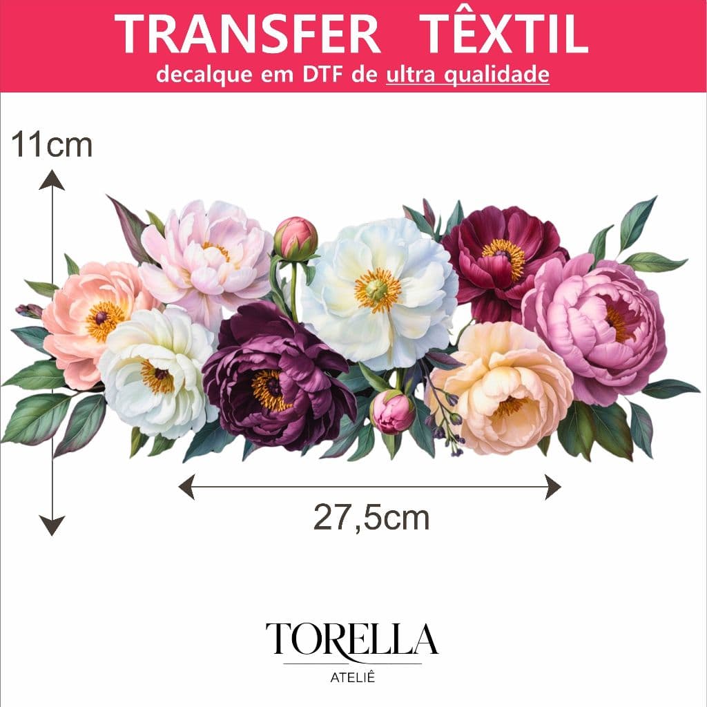 Flores Peônia Decalque Textil Transfer DTF