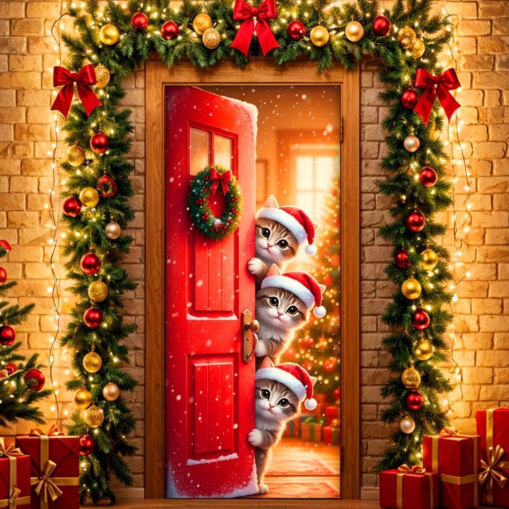 Capa de Porta Decorativa Natal Realista Gatos Pet 3d C/ Elástico 0,85x2,10 Mt