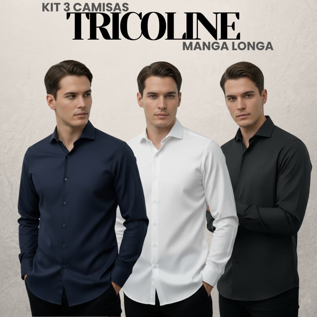 Kit 3 Camisa Social Masculina Manga Longa Tricoline Elegância Qualidade