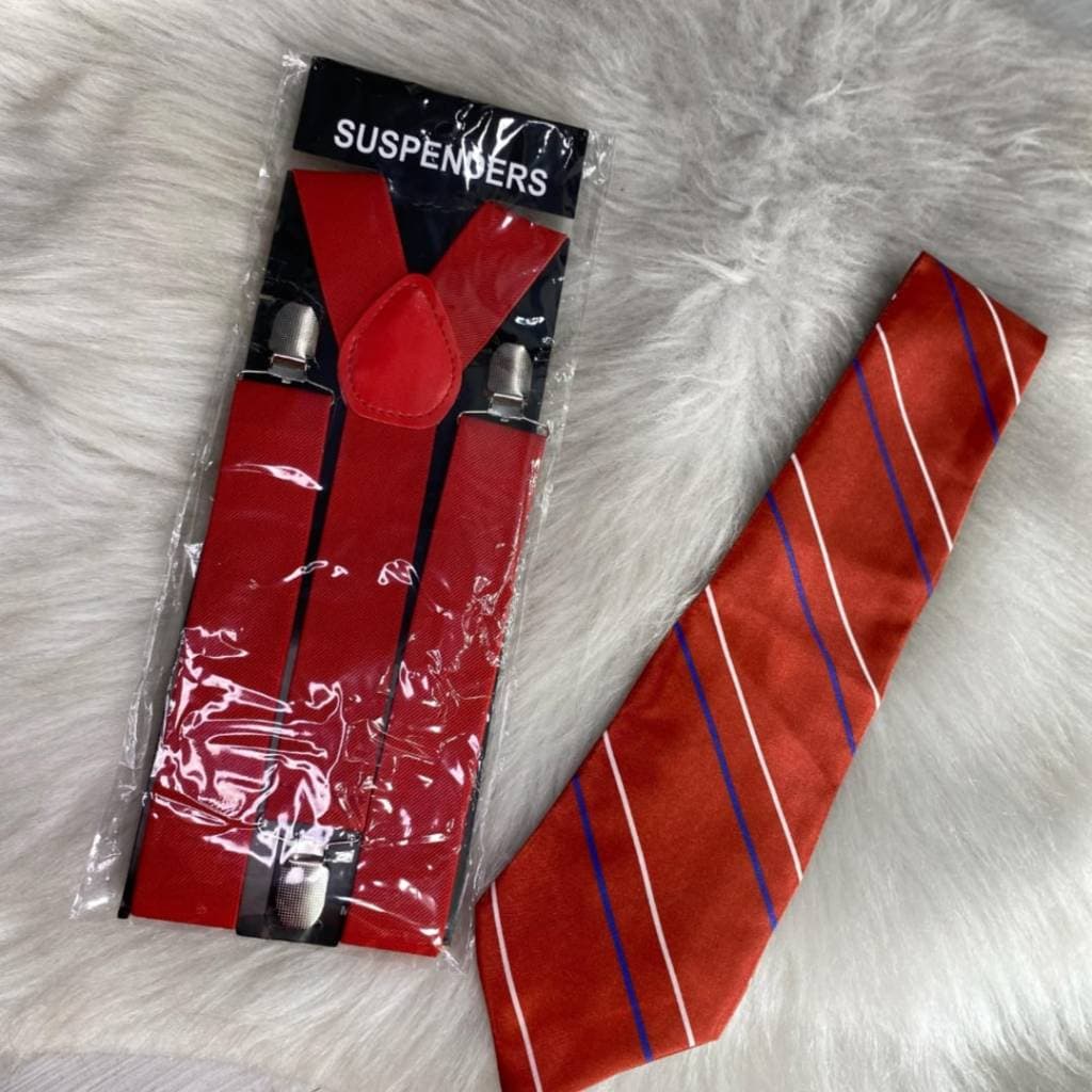 Kit Gravata+Suspensorio Vermelho Escolar RBD Para Cosplay Fantasia Halloween Gravata Listrada