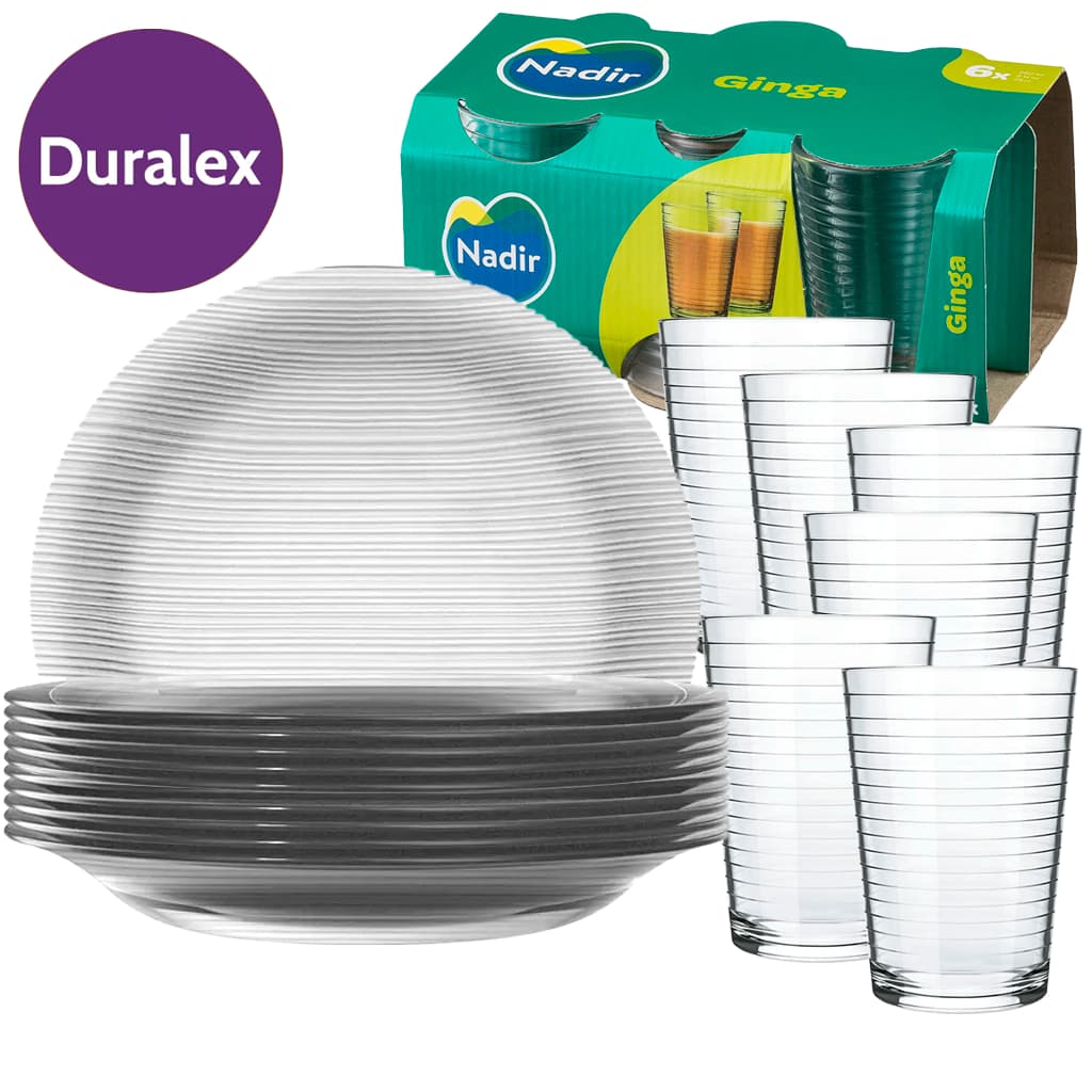 KIT 12 Peças 6 Pratos Fundo Diamante Duralex e 6 Copos Ginga 265ml Vidro vai ao freezer geladeira