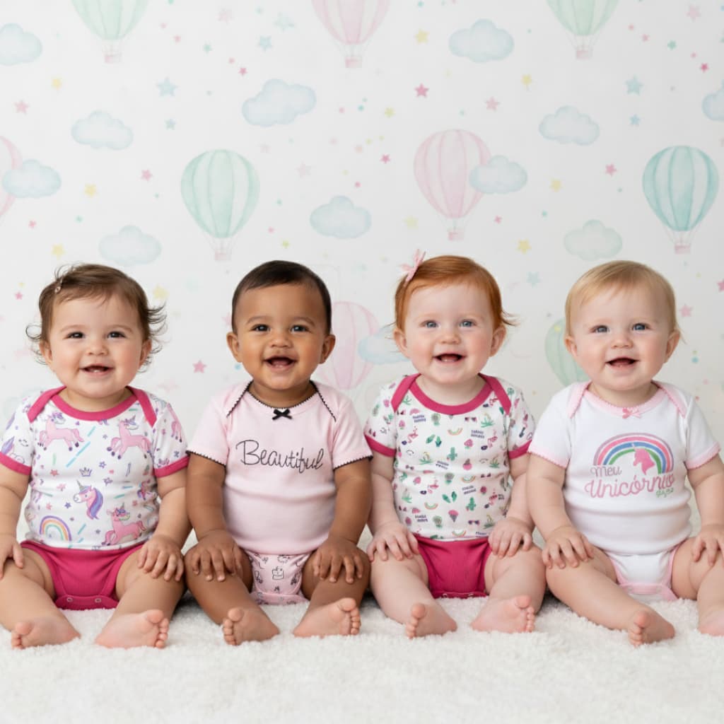 Conjuntos Body Bebê Manga Curta e Short Menina Estampas Variadas - Baby Duck - 100% Algodão