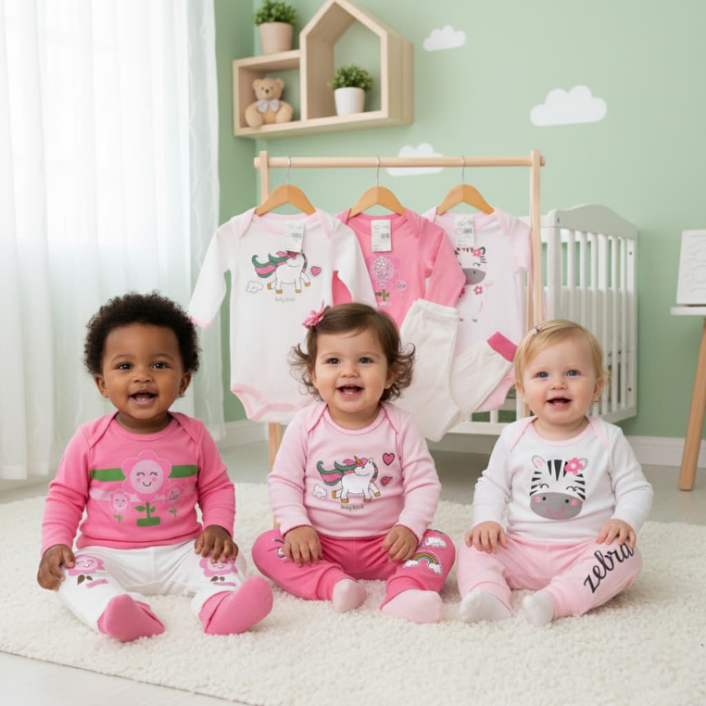 Conjunto Body Manga Longa e Calça Estampas Variadas Menina - Baby Duck - 100% Algodão