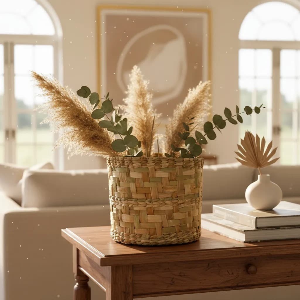 Cesta de Taboa Redonda Cachepot De Palha Natural Cesto Decoração Multiuso Vaso G Porta Objetos Decor