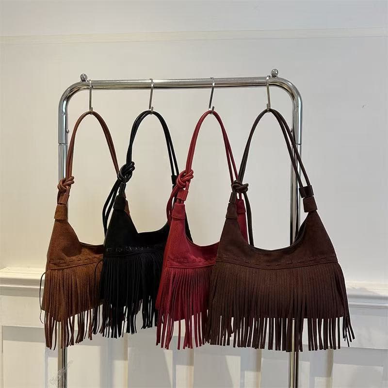 Bolsa Feminina Ombro Franja Camurça Canoa Meia Lua Casual Elegante Bolsa Transversal Retrô Moda (2218)