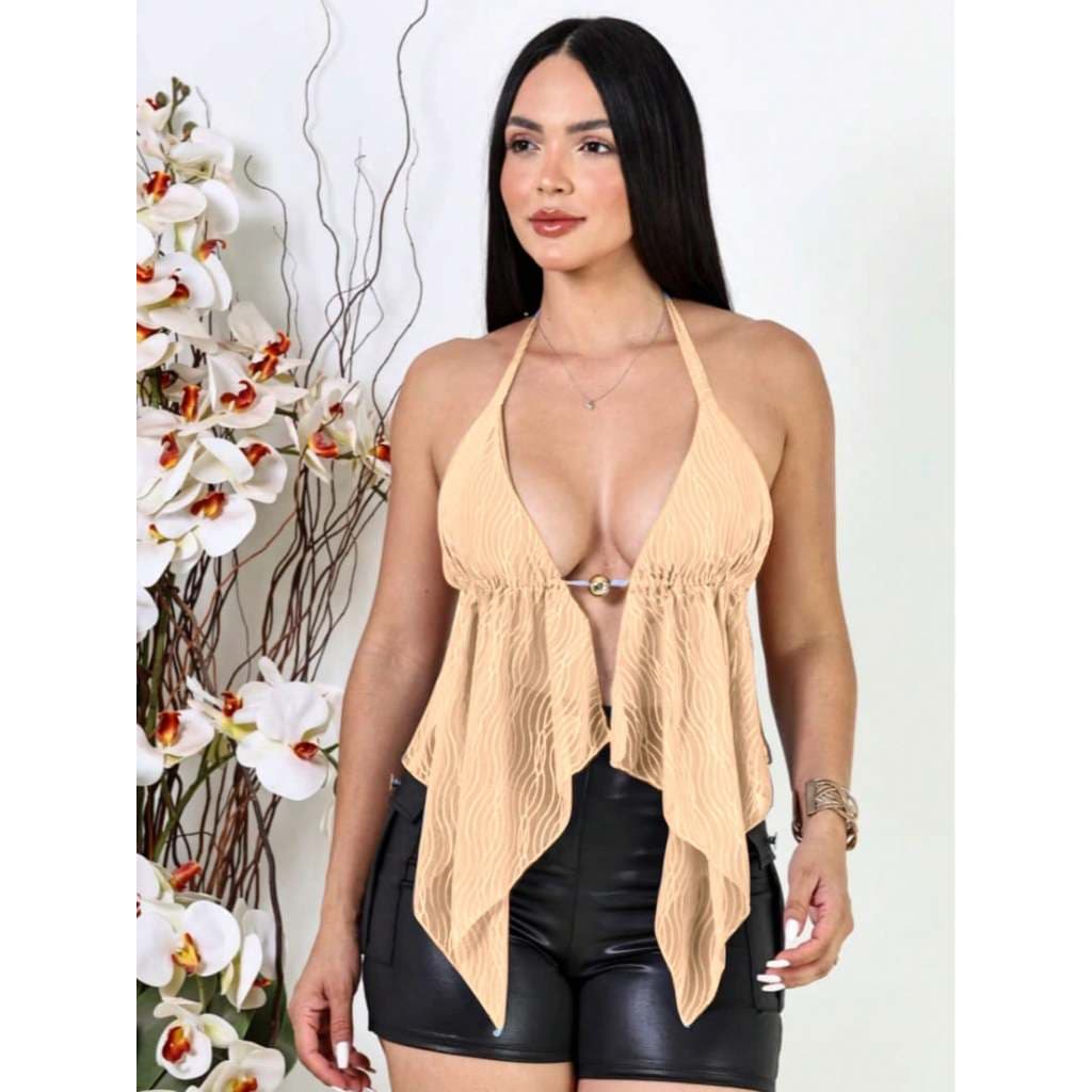 Top Feminino com Tule Ondulado e Detalhe em Argola – Estilo Fashion Livia