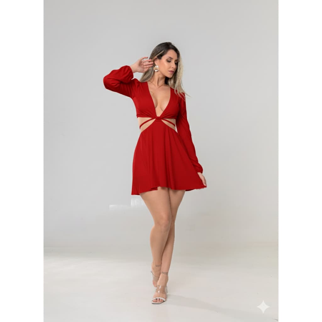 Vestido Macaquinho Feminino Curto Manga Longa Decotado em Suplex Natal Ano Novo Elegante