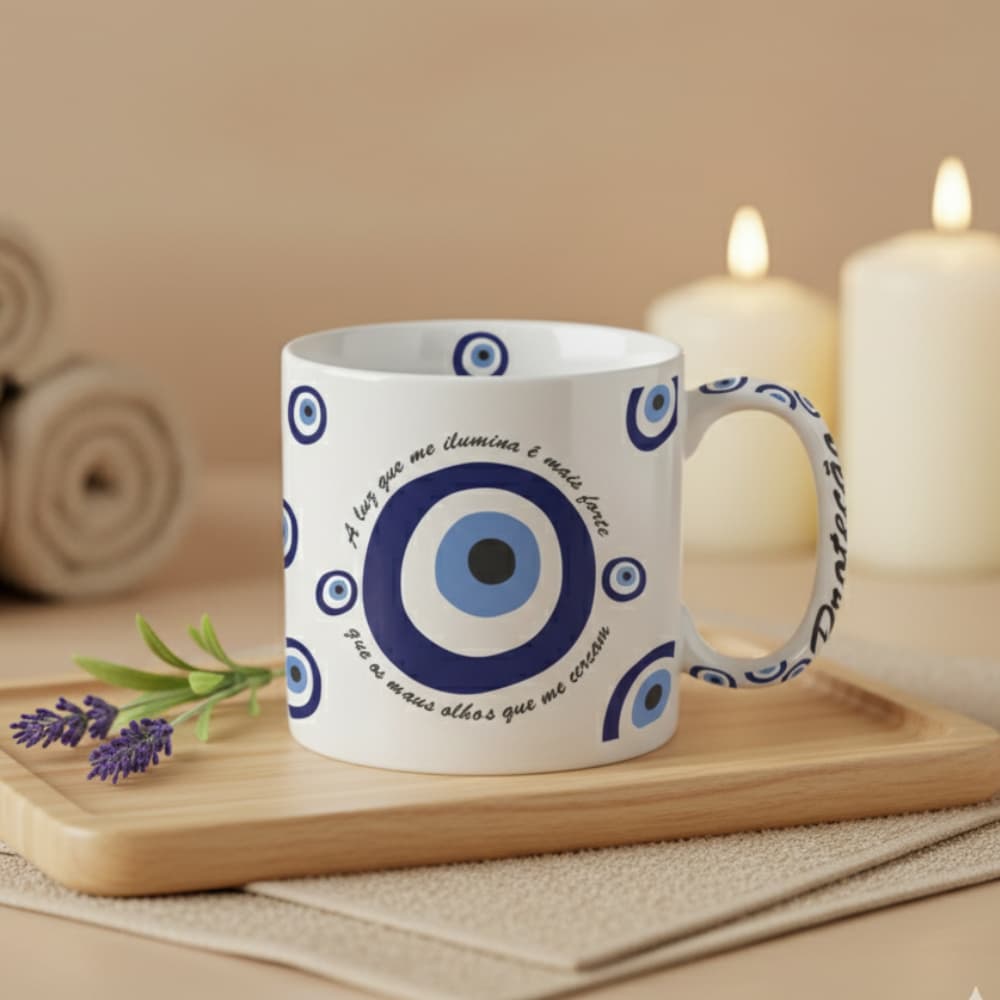 Caneca Bella 300ml Olho Grego Frase Luz Ilumina Força Proteção Mal Olhado Positividade Estampa Delicada Fofa