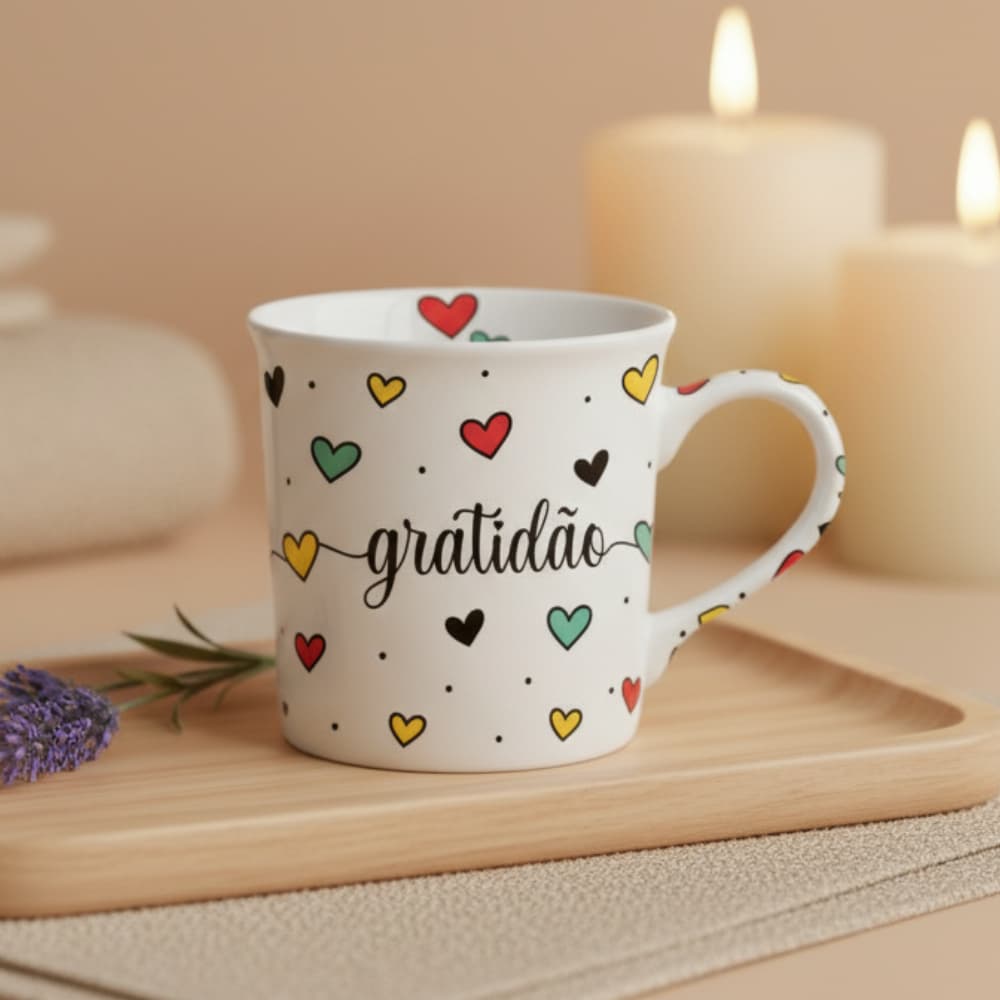 Caneca Gratidão 300ml Porcelana Frase Motivacional Gratidão Estampa Delicada Coração Fofa Presente