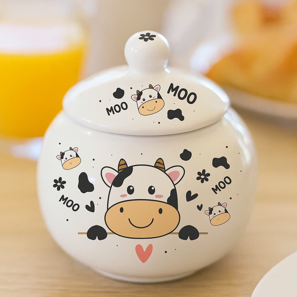 Açucareiro Porcelana Bolinha 350ml Vaquinha Pote Açúcar Café Chá Mesa Posta Cozinha Presente Criativo