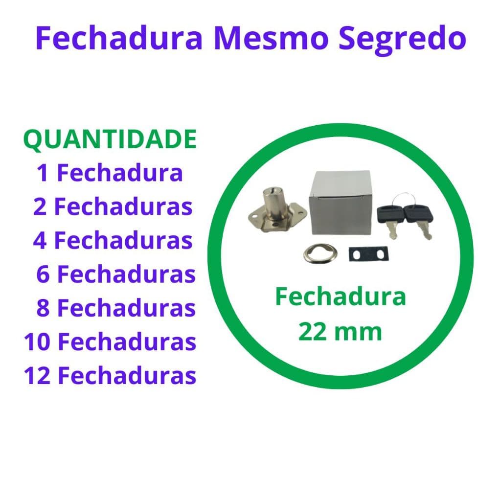 Fechadura 22 mm Mesmo Segredo para Móveis Portas Gavetas Armários Com 2 chaves. Escolha a Quantidade
