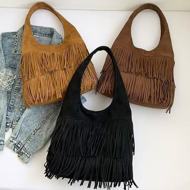 Bolsa De Camurça , Ombro Com Borla Estilo Coreano De Grande Capacidade , Sacola Boêmia Franjas(2219)