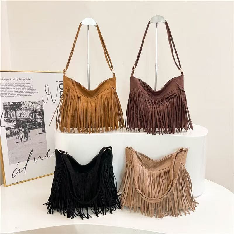 Bolsa Feminina Ombro Franja Camurça Canoa Meia Lua Casual Elegante Bolsa Transversal Retrô Moda (2217)