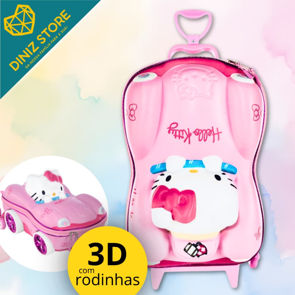 Mochila Mala Infantil Hello Kitty 3D com Rodinhas Rosa