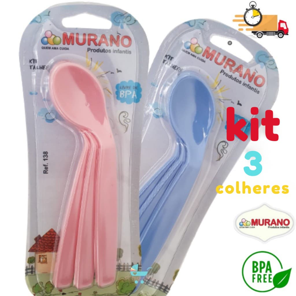 KIT 3-15 Colheres Bebê Alimentação Inicial Murano Rosa Azul 7SEVEN