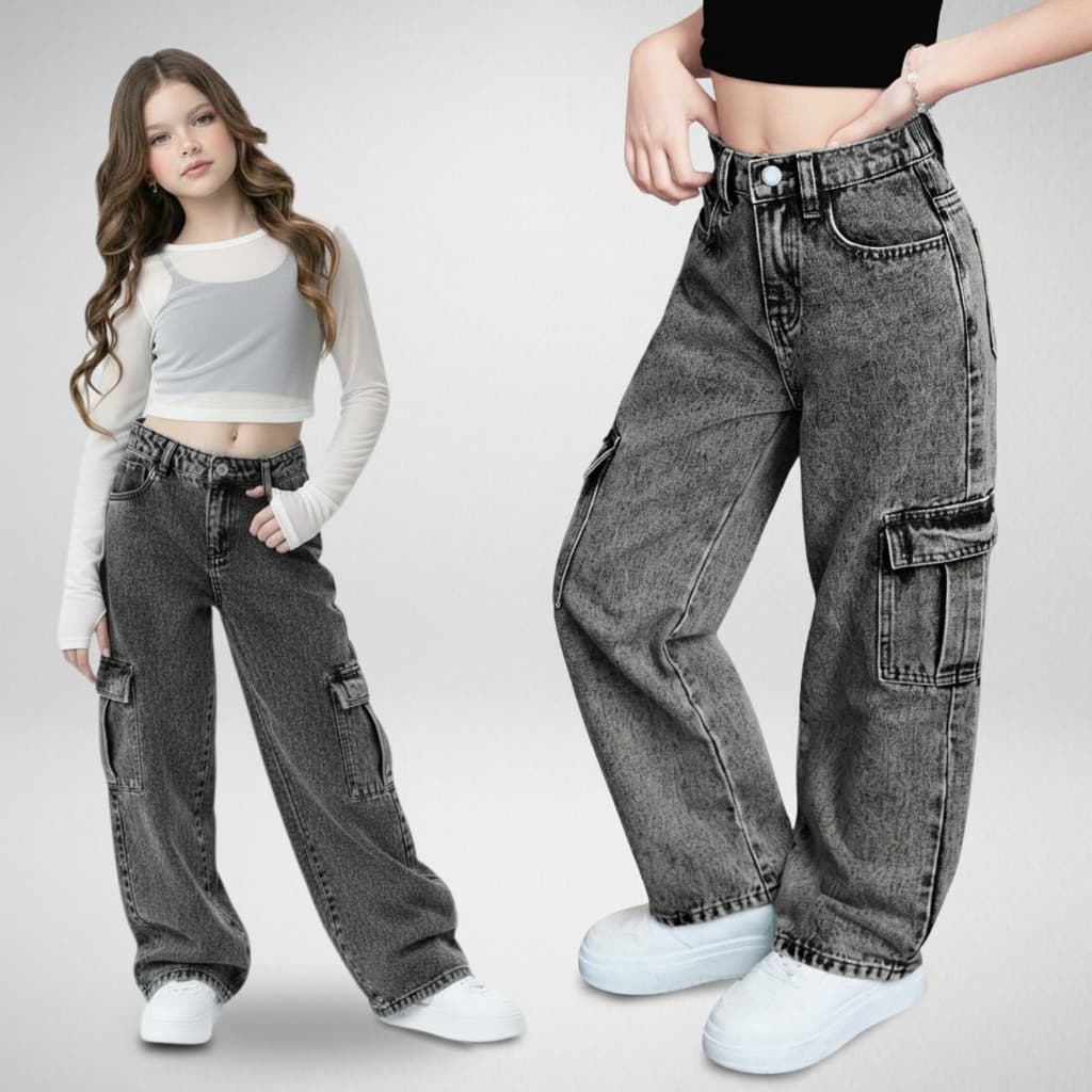 Calça Wide Leg Cargo Marmorizada Black com Bolso Meninas Pantalona Preta Grafite 4-16 Moda Juvenil
