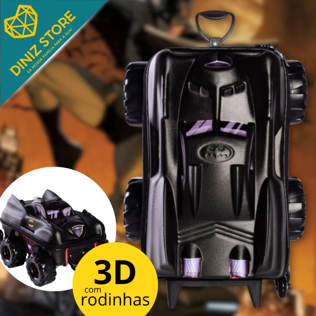 Mochila Mala Infantil Matman Batmóvel 3D com Rodinhas Preta