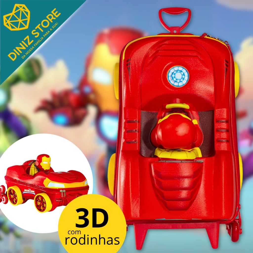 Mochila Mala Infantil Homem de Ferro 3D com Rodinhas Vermelha