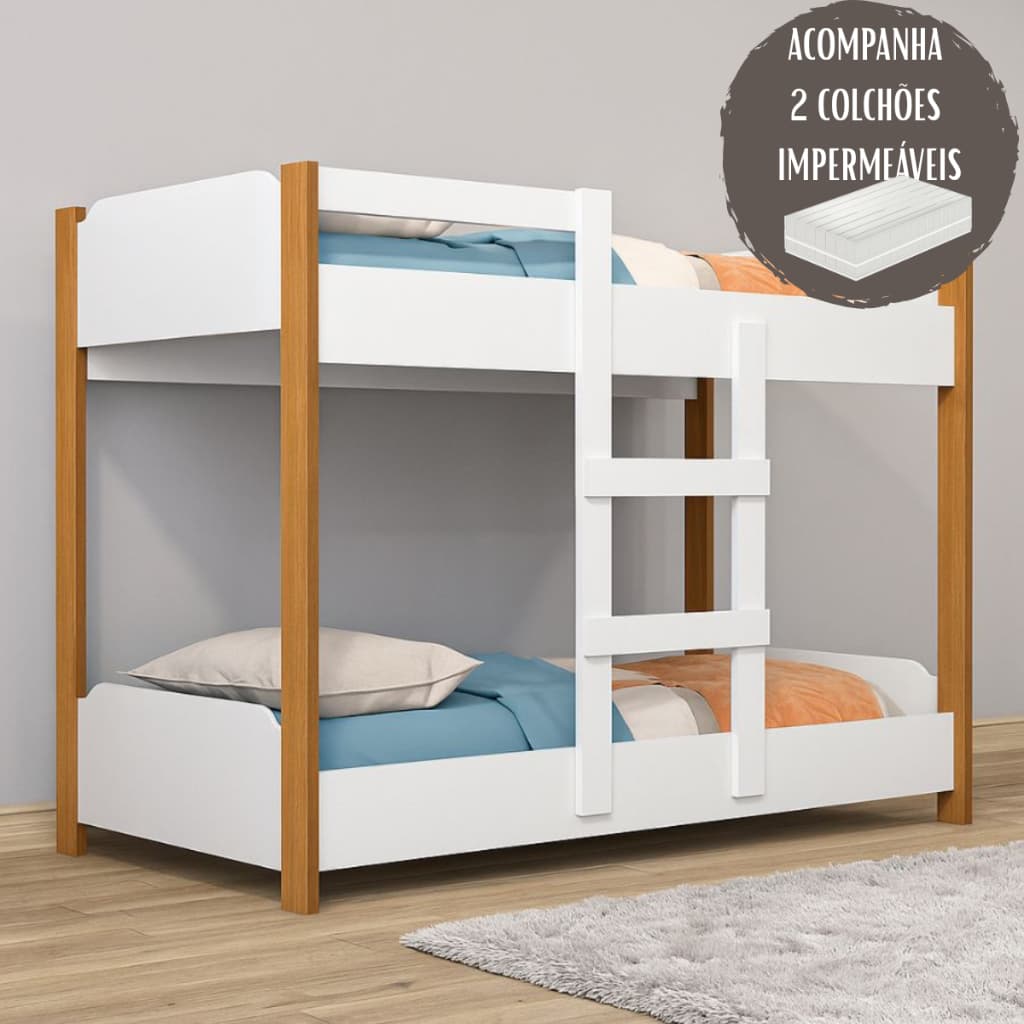 Mini Beliche Infantil MDF Grade Proteção Incluso 2 Colchões Lado Impermeável