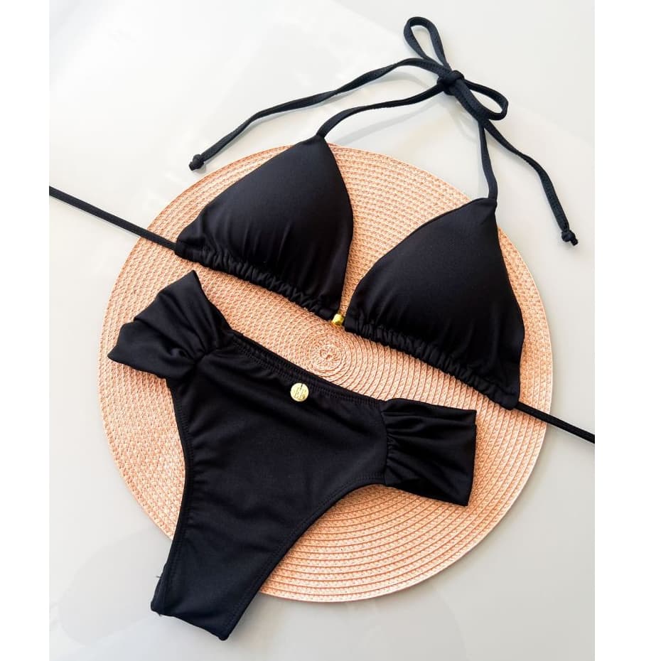 Biquíni Preto Cós Largo Franzido Calcinha Borboleta Suplex Macio e Elegante Biquine Cotininha Bojo 1