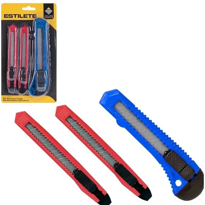 Kit Estiletes Profissional com 3 Peças 1 Largo 2 Finos Corte Preciso Plástico e Metal Papelão