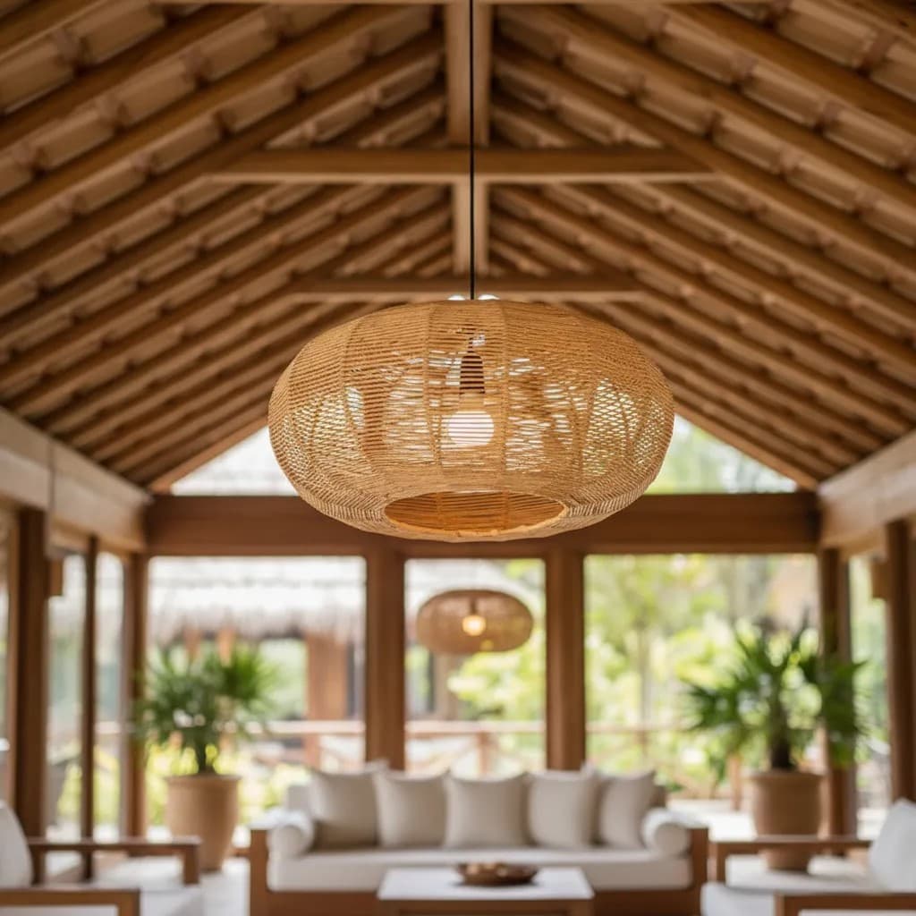 Luminária De Palha Aramada Disco Pendente Redondo Rústico G Fibra Natural Decoração Rústica Casa
