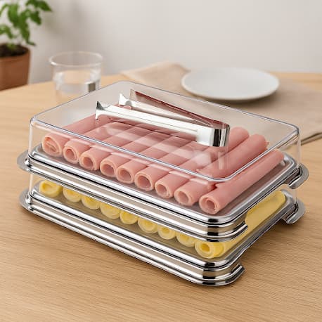 Conjunto Porta Frios Duplo Inox Empilhavel Pinça Cozinha Preserva Conserva Alimento Presunto