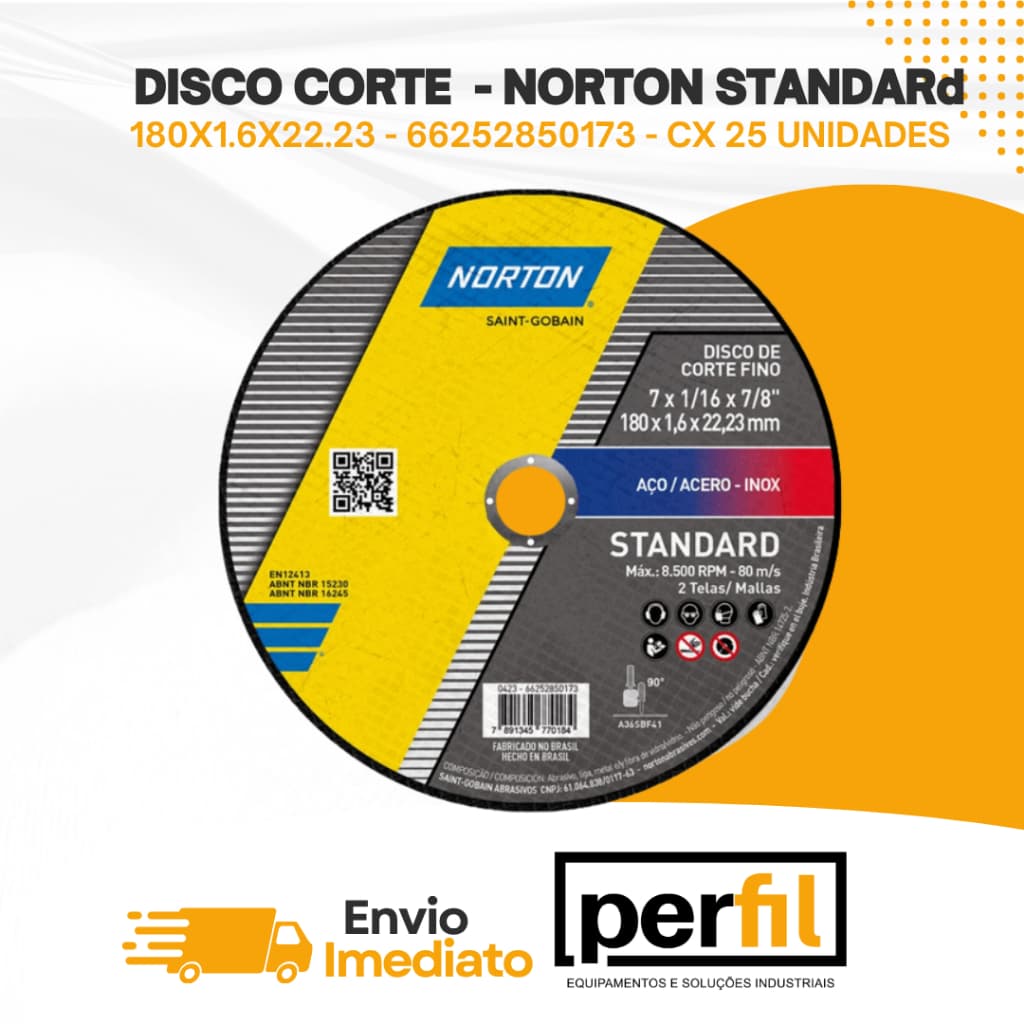 Caixa com 25un de Disco de Corte 180x1.6x22.23 - NORTON STANDARD