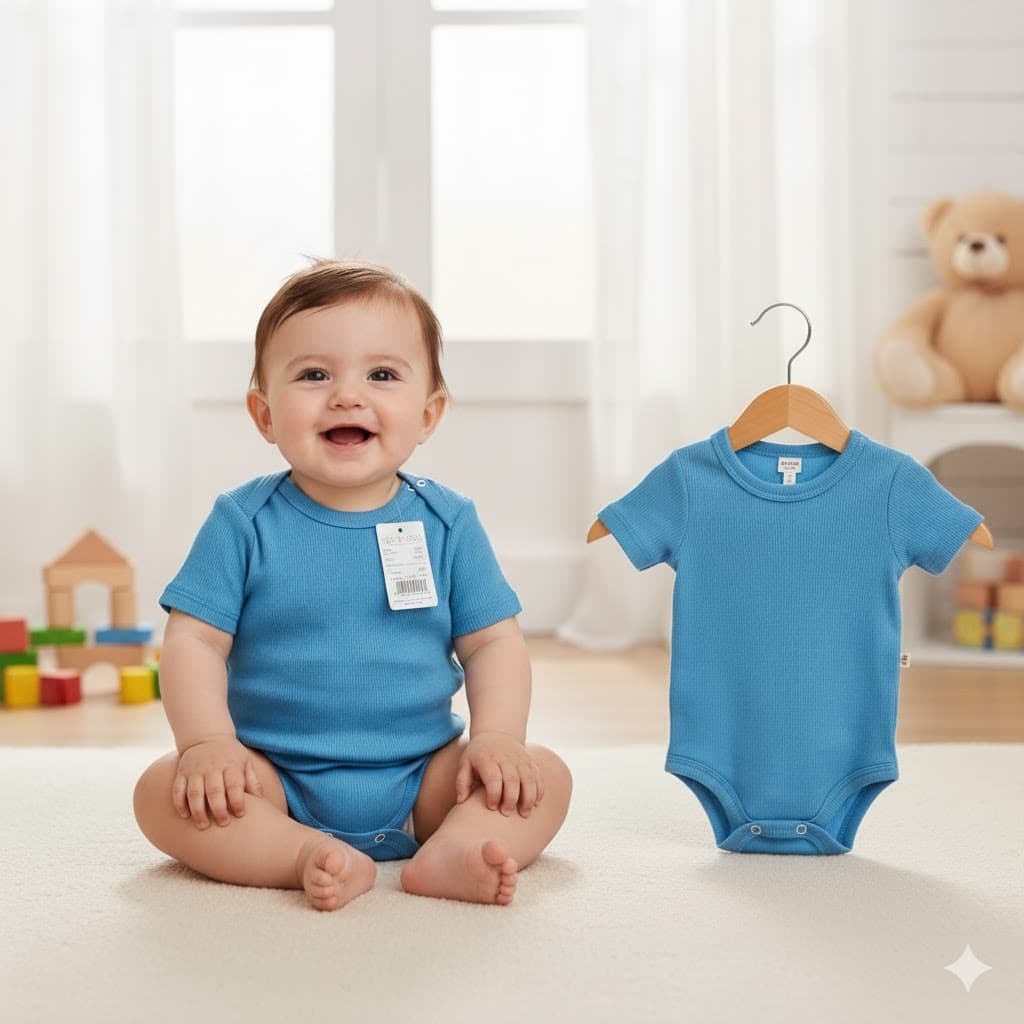 Kit 2 Body Infantil Azul Manga Curta em Malha Canelada - Baby Duck - 100% Algodão