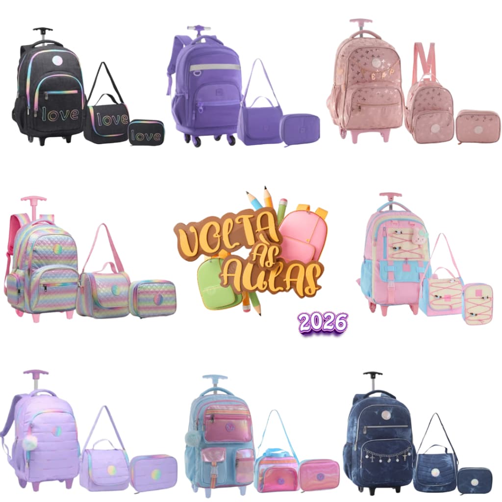 Kit Mochila Escolar Yepp Juvenil Rodinha Feminina 2026 Luxo Volta as aulas lancheira, estojo
