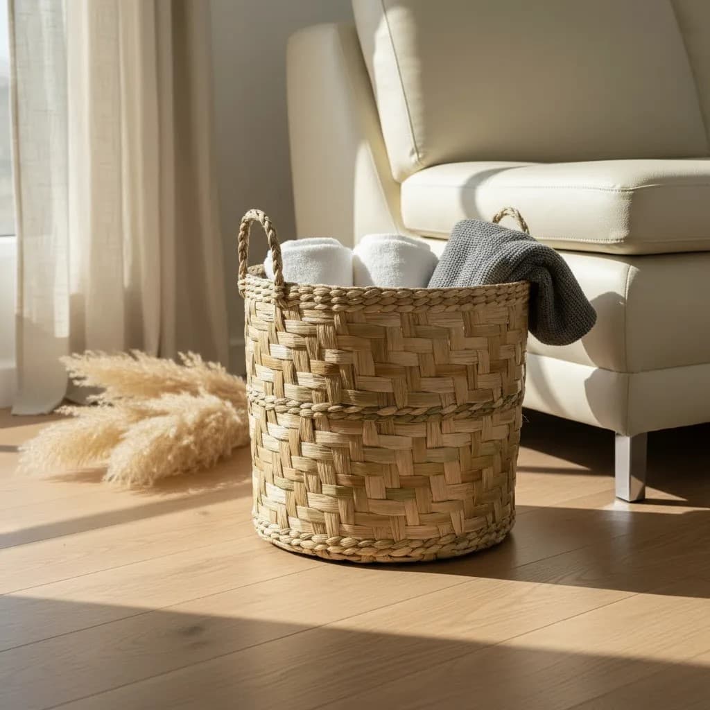 Cesto Organizador De Palha Taboa Natural Fechado Com Alça 35cm Artesanal Multiuso