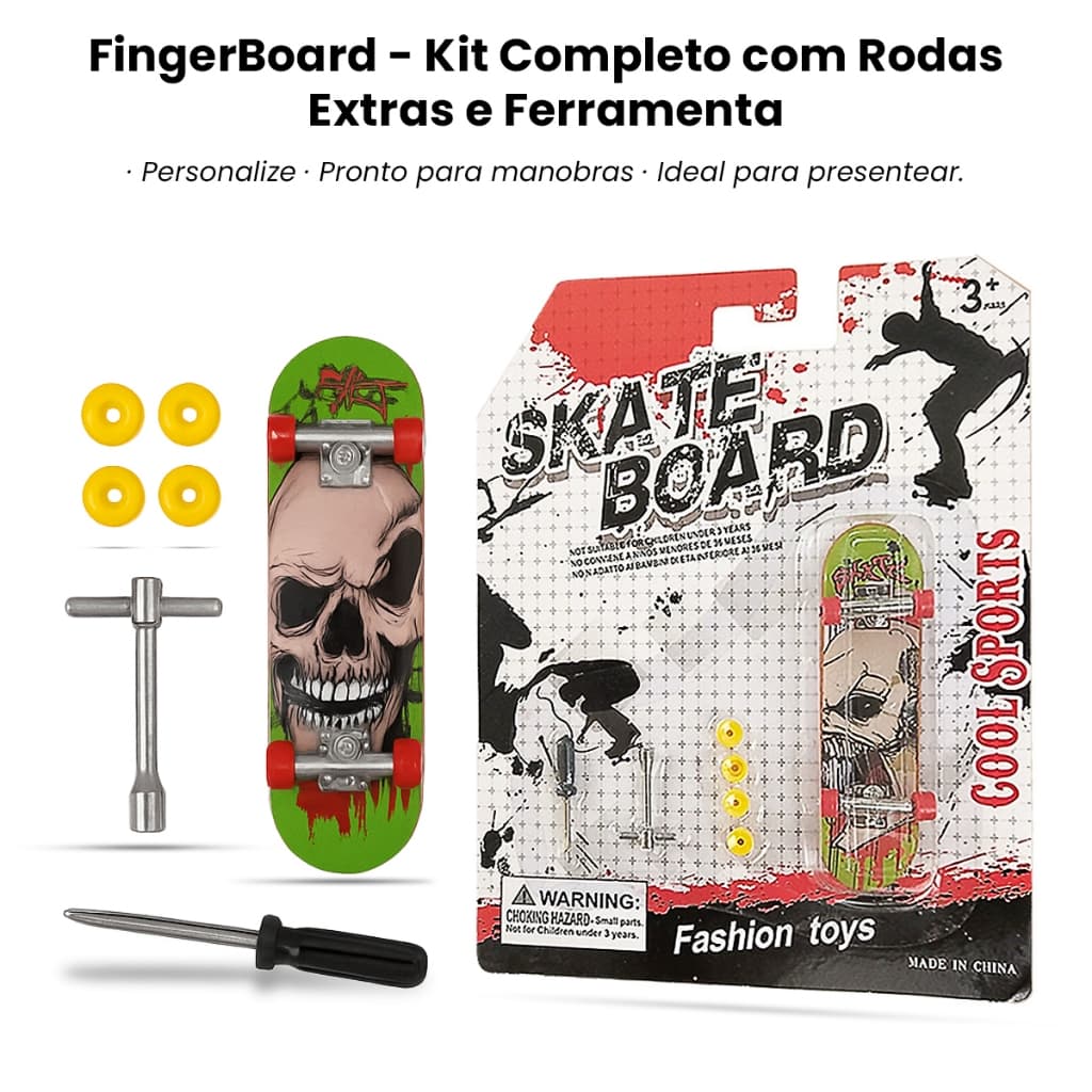 Skate De Dedo Fingerboard Completo Com Rodinhas Extras Chave Philips Boca Manobras Brinquedo
