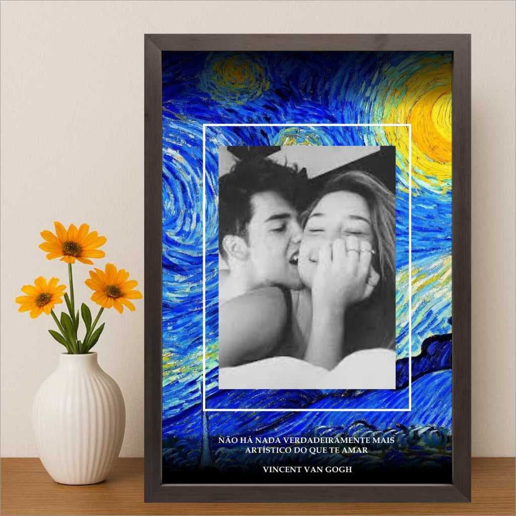 Quadro Personalizado Foto Dia dos Namorados Casal - Van Gogh Noite Estrelada - Moldura e Acetato A4