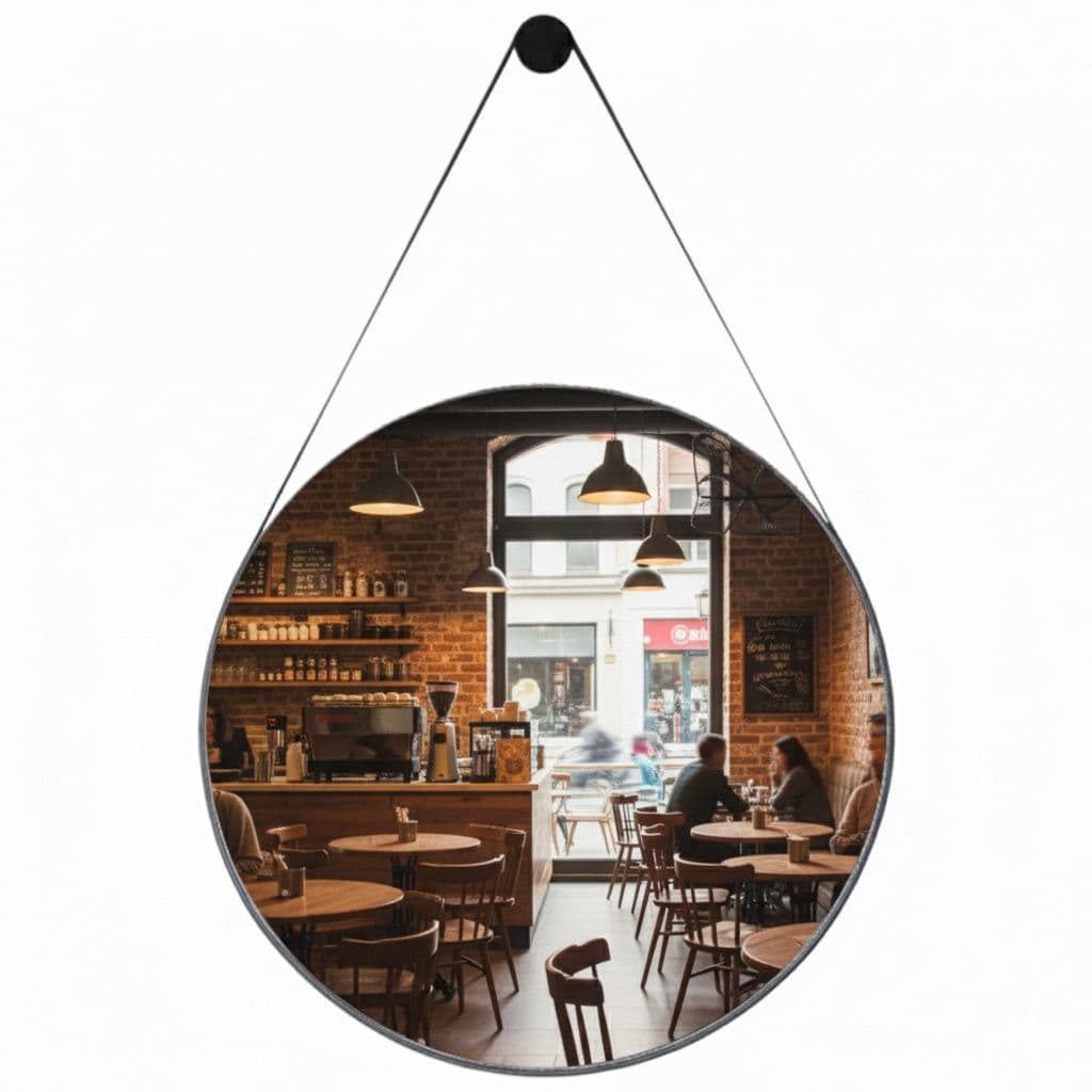 Espelho Redondo Adnet 60cm com Alça em Couro Decorativo para Banheiro e Lavabo + Pino Suporte